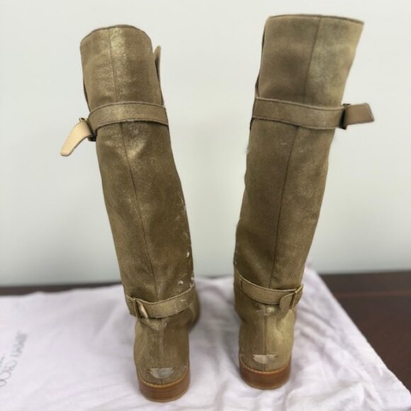 Jimmy Choo Suede Rabbit Fur Lined Gold Boots - Picture 2 of 5